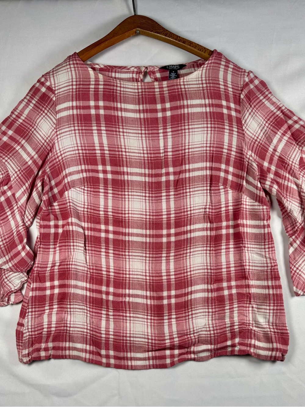 Chaps Pink and White Plaid Boatneck Preppy Blouse Ruffle sleeves